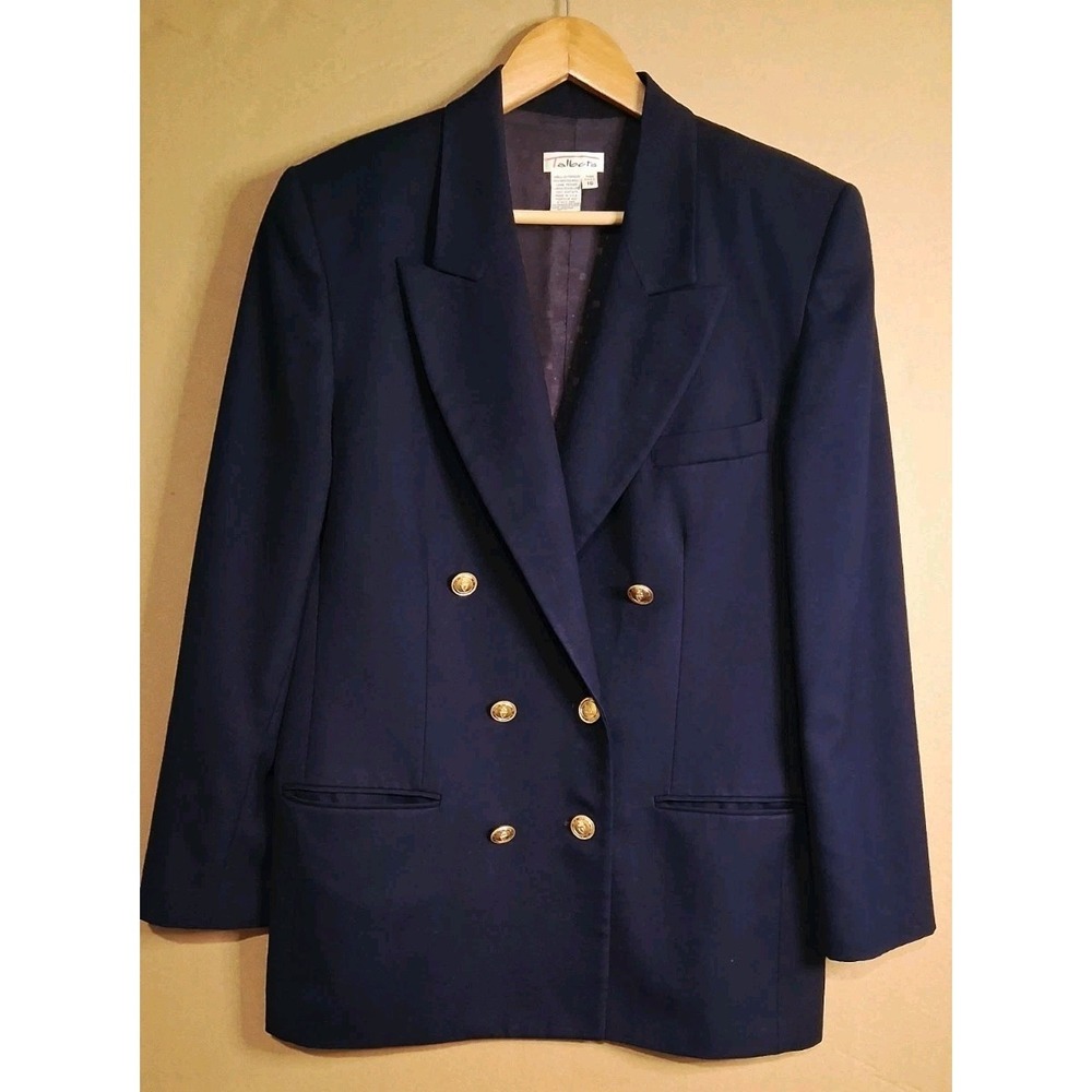 Talbots Navy Blue Double Breasted Blazer Jacket Gold Button Wool 16 Vtg Preppy